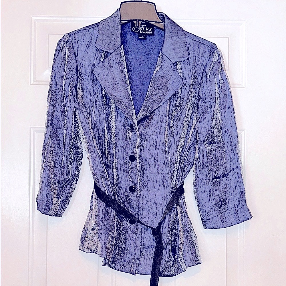 Alex Evenings Button Up Jacket Tie Belt L Blue Shimmer Formal  Evening Wedding - Picture 2 of 13